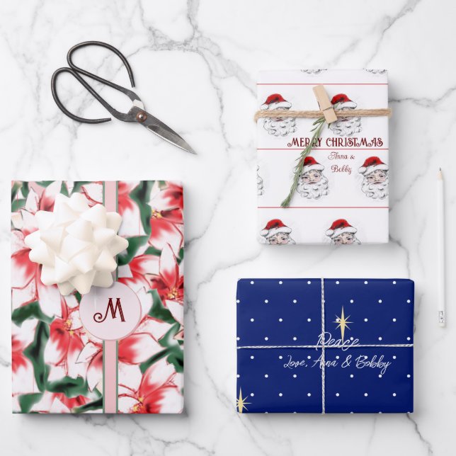 Poinsettia Santa Claus Star of Bethlehem Christmas Wrapping Paper Sheets (Front)