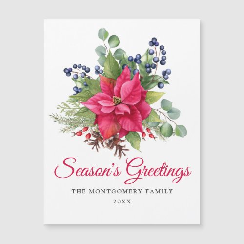 Poinsettia Seasons Greetings Holly Magnetic Card