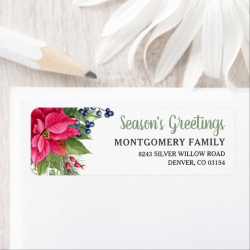 Poinsettia Seasons Greetings Return Address Label