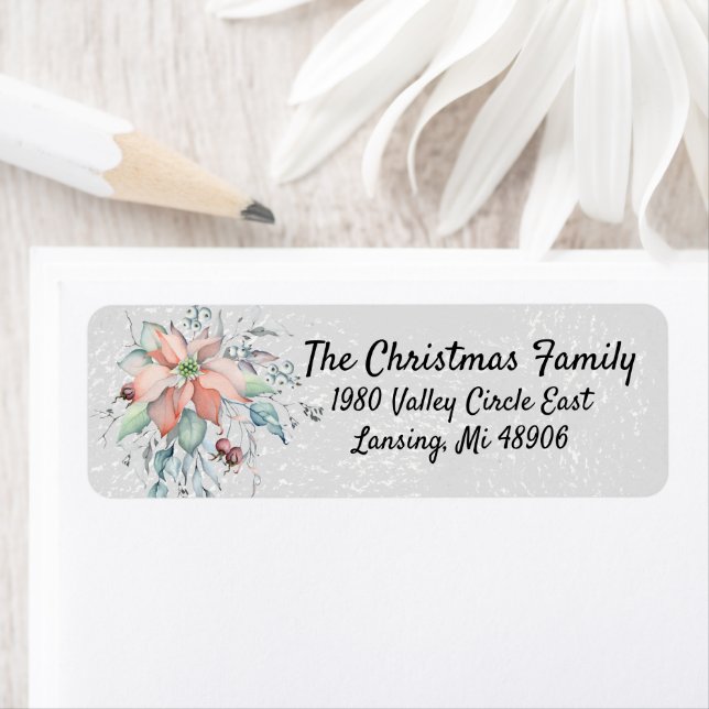 Poinsettia Snow, leaves, berries, watercolor Label (Insitu)