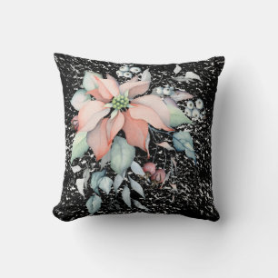 Poinsettia Snow scene, black, berries, 2 sided Throw Pillow