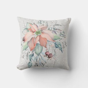 Poinsettia Snow scene, leaves, berries, 2 sided Throw Pillow
