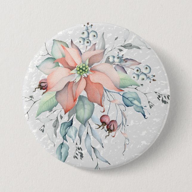 Poinsettia Snow scene, leaves, berries, corsage Button (Front)