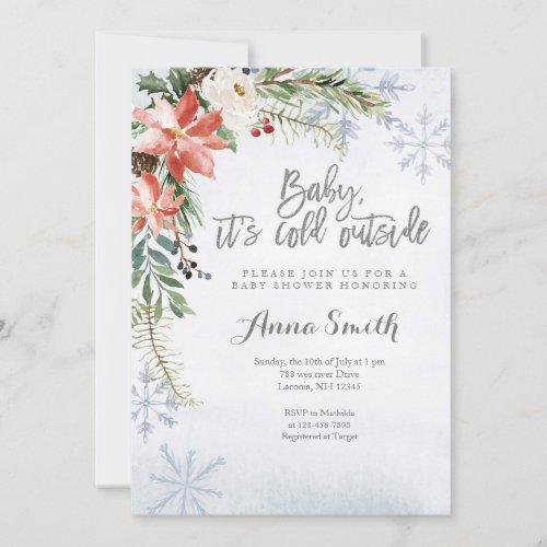 Poinsettia Snowflakes Winter Baby Shower Invitation