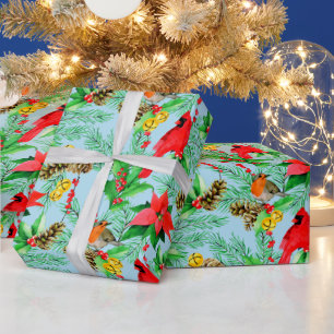 Poinsettia Spruce Branches Cones Robin Cardinals Wrapping Paper