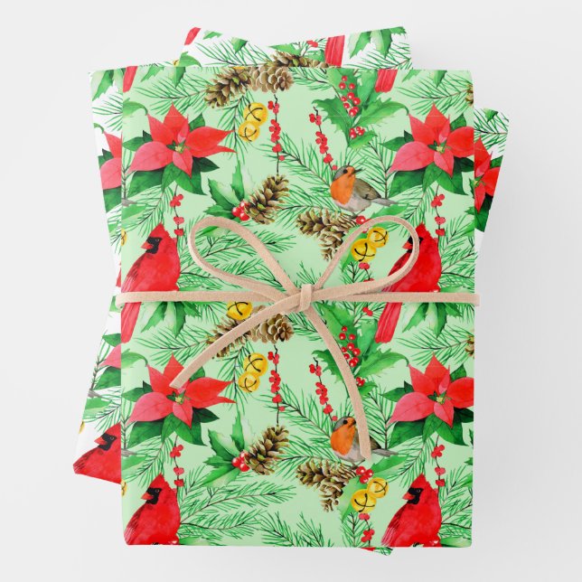 Poinsettia Spruce Branches Cones Robin Cardinals  Wrapping Paper Sheets (In situ)