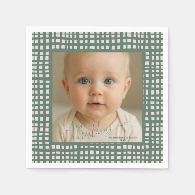 Poinsettia squares Sage Ivory Christmas Photo Napkins (Front)