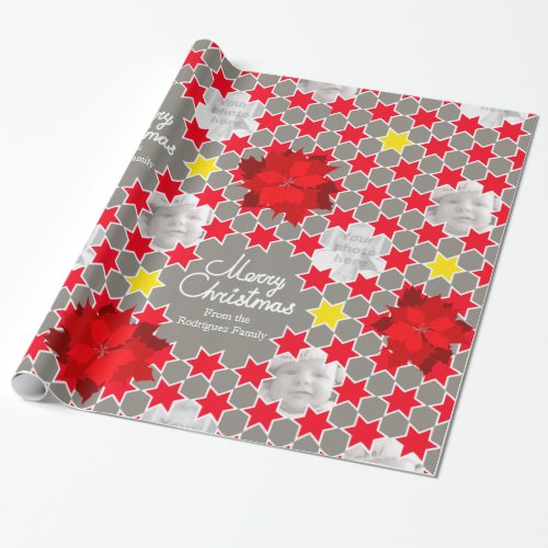 Poinsettia Star pattern red Christmas family photo Wrapping Paper