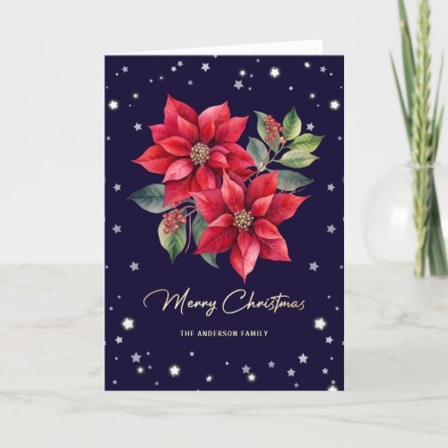 Poinsettia Stars Purple Photo Merry Christmas Card