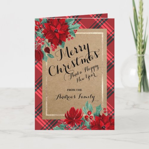 Poinsettia Tartan Kraft Rustic Merry Christmas Holiday Card