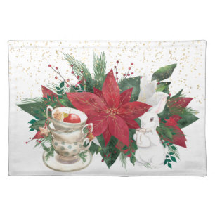 Poinsettia Teacups Rabbit Christmas Cloth Placemat