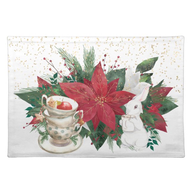 Poinsettia Teacups Rabbit Christmas Cloth Placemat (Front)