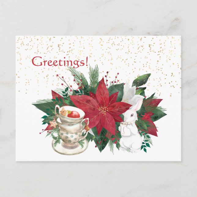 Poinsettia Teacups Rabbit Christmas Postcard (Front)