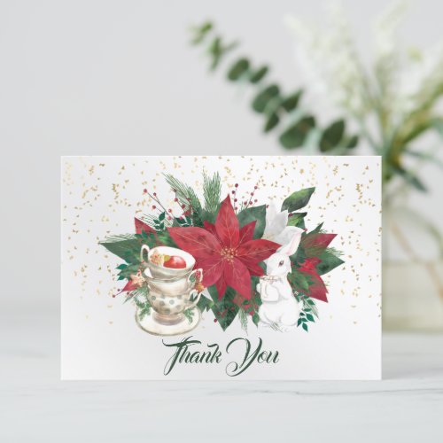 Poinsettia Teacups Rabbit Christmas Thank You Card