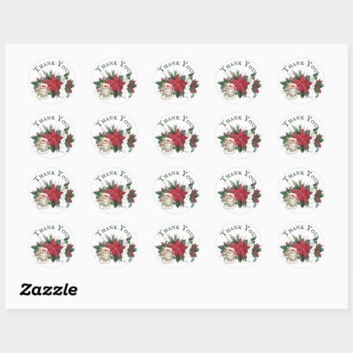 Poinsettia Teacups Rabbit Christmas Thank You Classic Round Sticker ...