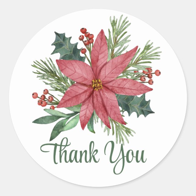 Poinsettia Thank You Red Christmas Floral Wedding  Classic Round Sticker (Front)