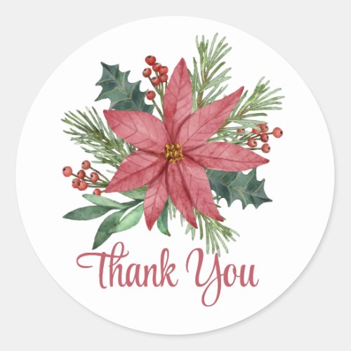 Poinsettia Thank You Red Christmas Floral Wedding  Classic Round Sticker