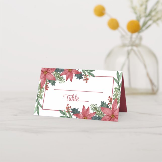 Poinsettia Thank You Red Floral Christmas Wedding Place Card (Front)