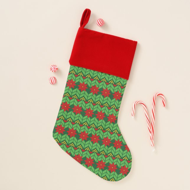 Poinsettia Ugly Sweater Style Christmas Stocking (Front)