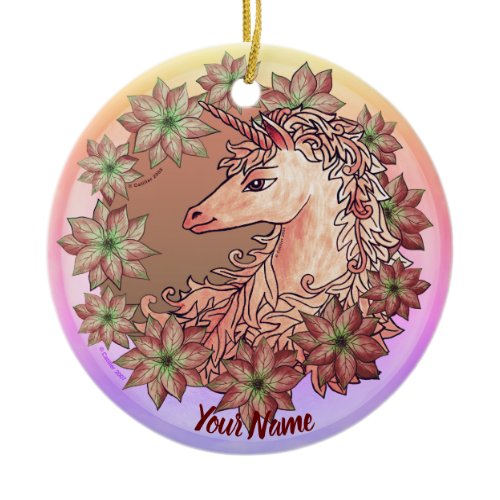 Poinsettia Unicorn Ceramic Ornament