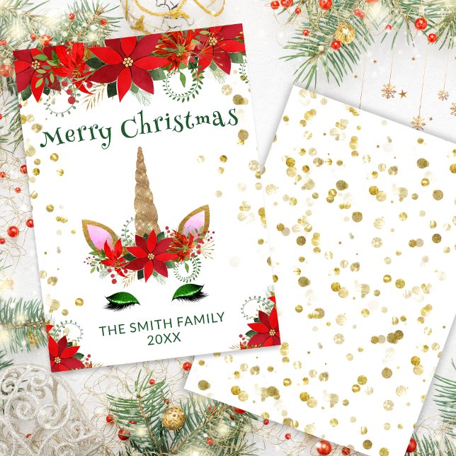 Poinsettia Unicorn with Green Christmas Card (Creator Uploaded)