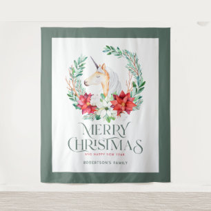 Poinsettia unicorn wreath and Christmas typography Tapestry