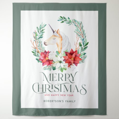 Poinsettia unicorn wreath and Christmas typography Tapestry