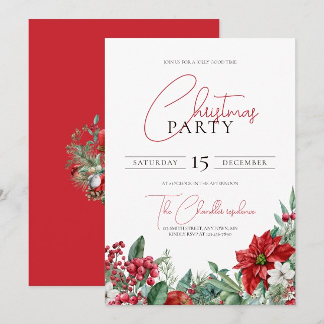 Poinsettia Watercolor Christmas Party Invitation (Front/Back)