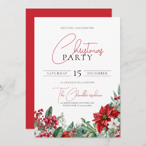 Poinsettia Watercolor Christmas Party Invitation