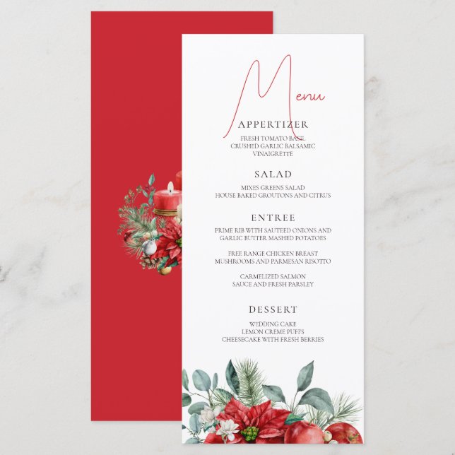 Poinsettia Watercolor Christmas Party Menu (Front/Back)