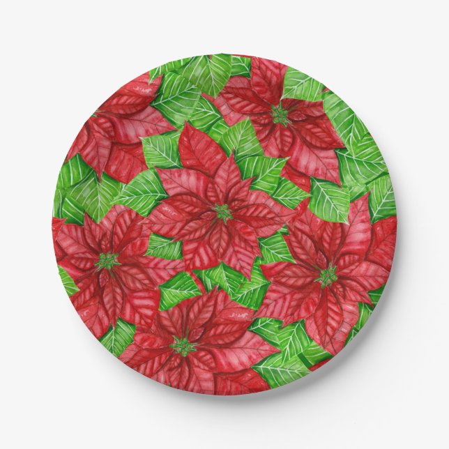 Poinsettia watercolor Christmas pattern Paper Plates (Front)