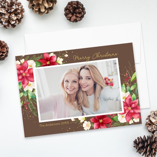 Poinsettia Watercolor Floral Brown Photo Holiday Card