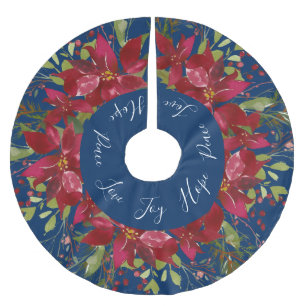 Poinsettia Watercolor Floral Navy Blue Brushed Polyester Tree Skirt