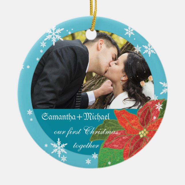 Poinsettia Wedding Couple's First Christmas Gift Ceramic Ornament (Front)