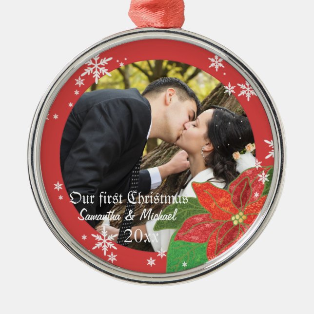 Poinsettia Wedding Couple's First Christmas Gift Metal Ornament (Front)