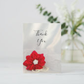 Poinsettia White Pearls Winter Wedding Thank You Postcard (Standing Front)