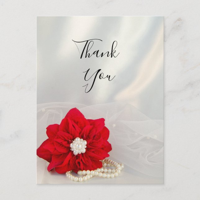 Poinsettia White Pearls Winter Wedding Thank You Postcard (Front)