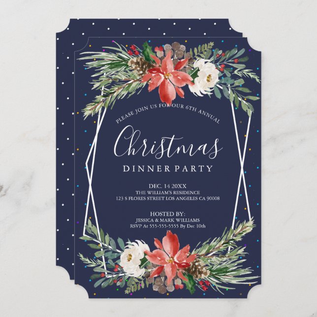 Poinsettia & white roses Christmas dinner invite (Front/Back)