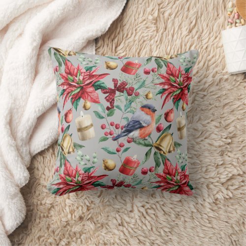 Poinsettia Winter Bird Holiday Pattern Throw Pillow