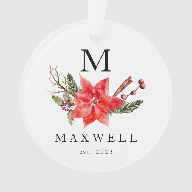 Poinsettia Winter Botanical Monogram Christmas Ornament (Front)