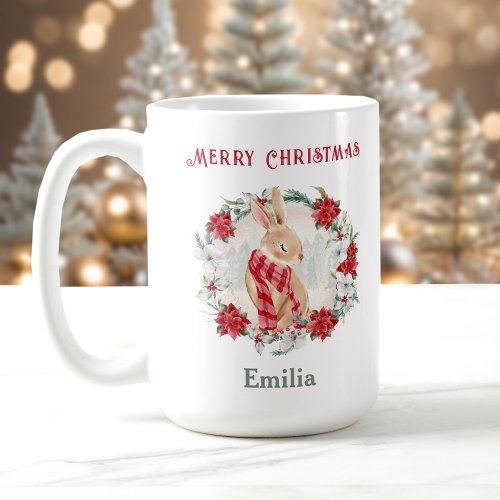 Poinsettia Winter Bunny Name Christmas Mug