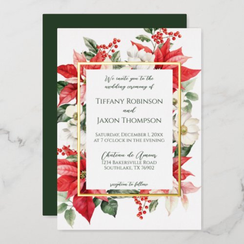 Poinsettia Winter Christmas Green Framed Wedding Foil Invitation