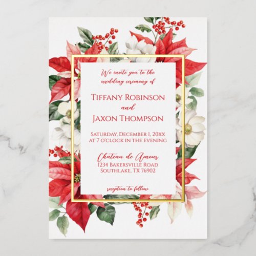 Poinsettia Winter Christmas Red Wedding Framed Foil Invitation