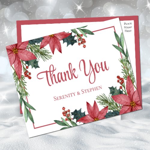 Poinsettia Winter Christmas Wedding Thank You Postcard