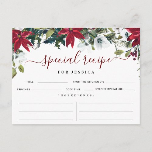 Poinsettia Winter Floral Bridal Shower Recipe Card