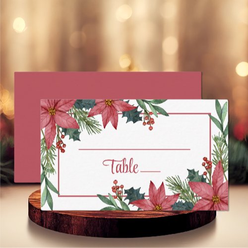 Poinsettia Winter Floral Red Christmas Weddding Place Card