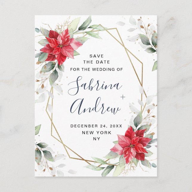 Poinsettia Winter Greenery Wedding Save the Date Postcard (Front)