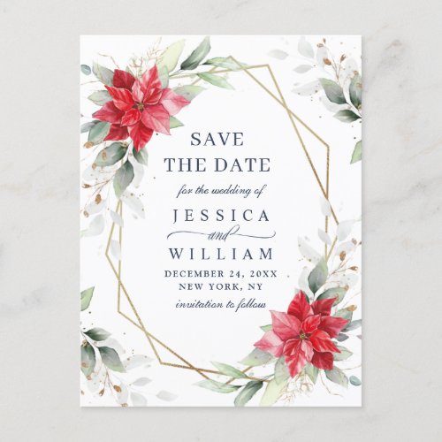 Poinsettia Winter Greenery Wedding Save the Date Postcard