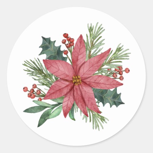 Poinsettia Winter Red Floral Merry Christmas Classic Round Sticker