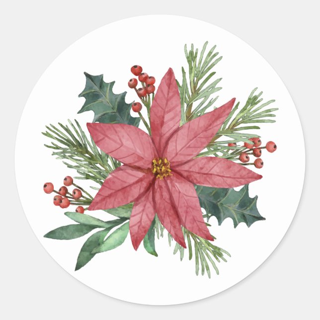 Poinsettia Winter Red Floral Merry Christmas Classic Round Sticker (Front)